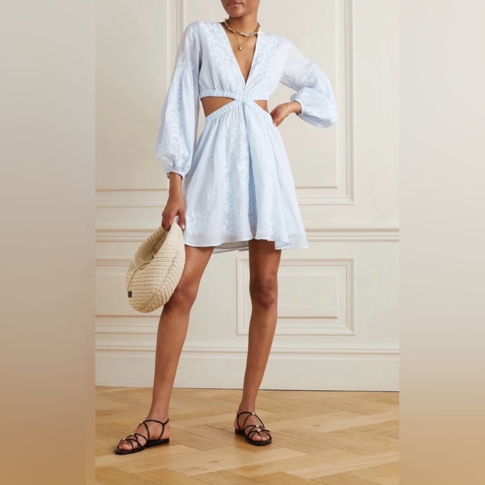 A.L.C. Mini Dress Irene Light Blue Cut Out Balloon Long Sleeve Elastic